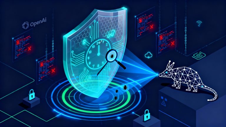 A sleek modern tech security illustration on a deep navy blue background featuring a large translucent holographic shield in the center with glowing cyan circuit patterns and hexagonal grid overlay, surrounded by floating code snippets with red vulnerability markers being scanned by bright blue laser beams, a stylized minimalist aardvark silhouette made of geometric lines and dots acting as a digital scanner with a magnifying glass beam highlighting bugs in code, circular radar waves emanating outward in electric blue and green, small lock icons and security symbols floating around the composition, a subtle 24/7 clock element integrated into the shield design with glowing numbers, binary code streams flowing in the background, the OpenAI logo subtly placed in corner, clean geometric shapes and lines connecting different elements, professional corporate tech aesthetic with neon accents, high contrast lighting with glowing edges, isometric perspective elements mixed with flat design, suggesting continuous autonomous monitoring and protection, ultra-detailed digital art style, sharp and crisp rendering