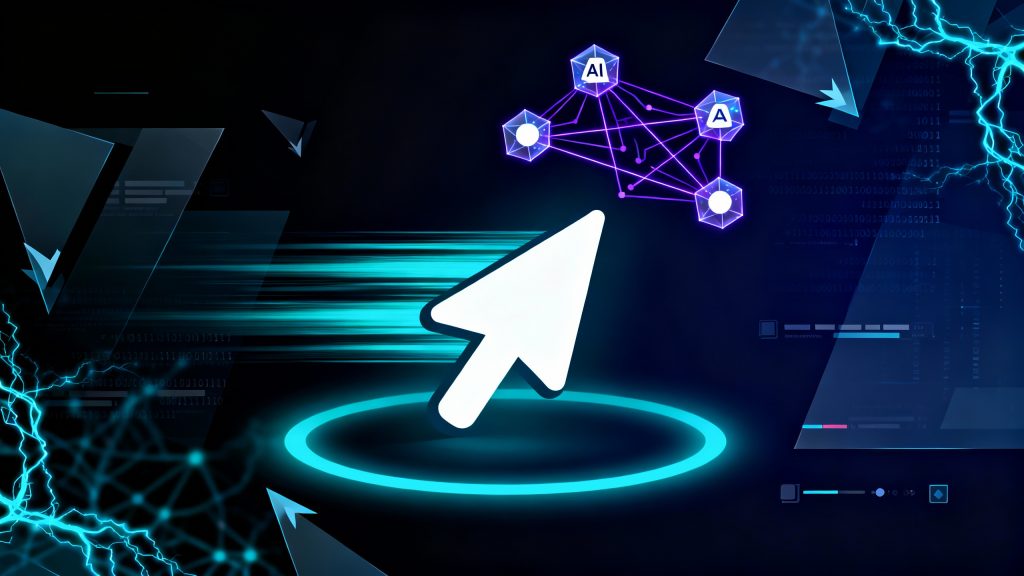 A sleek modern tech cover with a dark navy blue to black gradient background, featuring a large stylized white cursor pointer icon in the center that appears to be moving at high speed with dynamic motion blur trails and glowing cyan light streaks behind it, surrounded by four geometric floating holographic AI agent nodes connected by thin luminous purple circuit lines forming a network pattern, abstract code snippets and binary numbers subtly integrated into the background creating a matrix-like texture, electric blue and cyan glowing neural network patterns weaving through the composition, sharp angular geometric shapes suggesting speed and efficiency with forward-pointing arrows, minimalist clean design with high contrast between dark background and bright neon accents, futuristic digital interface aesthetic with floating UI elements and progress indicators, depth created through layered translucent panels, professional tech startup visual language, photorealistic rendering with strong rim lighting on the cursor creating a halo effect, sense of revolutionary innovation and computational power, ultra-detailed with sharp focus on central elements fading to atmospheric depth in background.