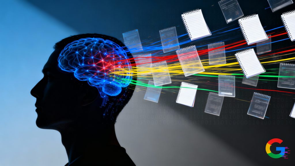 A sleek, modern composition showing a human silhouette in profile, their head transforming into a digital neural network made of floating notebook pages and data streams in Google's signature colors (blue, red, yellow, green). The pages appear to be rapidly flowing into/through the brain, creating a sense of high-speed processing. Low-angle dramatic lighting casting ominous shadows, with some pages appearing transparent and others solid. The Google 'G' logo subtly visible in the corner, slightly glitched. The background features a clean, gradient from dark blue to deep gray, with faint binary code patterns. Hyperrealistic rendering, dramatic lighting, corporate aesthetic, high contrast, ultra-detailed, 8K quality.