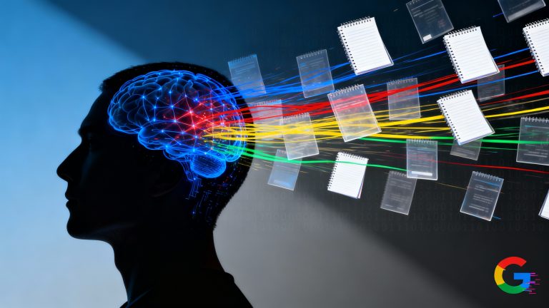 A sleek, modern composition showing a human silhouette in profile, their head transforming into a digital neural network made of floating notebook pages and data streams in Google's signature colors (blue, red, yellow, green). The pages appear to be rapidly flowing into/through the brain, creating a sense of high-speed processing. Low-angle dramatic lighting casting ominous shadows, with some pages appearing transparent and others solid. The Google 'G' logo subtly visible in the corner, slightly glitched. The background features a clean, gradient from dark blue to deep gray, with faint binary code patterns. Hyperrealistic rendering, dramatic lighting, corporate aesthetic, high contrast, ultra-detailed, 8K quality.