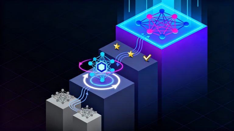 A sleek isometric illustration showing a stylized AI neural network node at the center with glowing circular feedback loops and arrows flowing around it in a continuous cycle, the network sits on ascending geometric platforms or steps that grow larger and more complex as they rise, each platform represents a scaling phase with the highest platform glowing brightest in electric blue and purple gradients, small golden star and checkmark symbols float along the feedback paths indicating rewards and successful learning iterations, the lower platforms show simpler smaller network structures in muted grays while upper platforms display intricate interconnected nodes in vibrant neon blues and magentas, the background features a dark gradient from deep navy to black with subtle grid lines suggesting digital space, geometric light rays emanate upward from the top platform creating a sense of breakthrough and advancement, the composition uses a low angle perspective making the scaling structure feel monumental and aspirational, modern tech aesthetic with clean lines sharp edges and a color palette of deep blues electric purples golden yellow accents and dark backgrounds, the overall feel is futuristic sophisticated and conveys exponential growth and evolutionary progress in artificial intelligence systems
