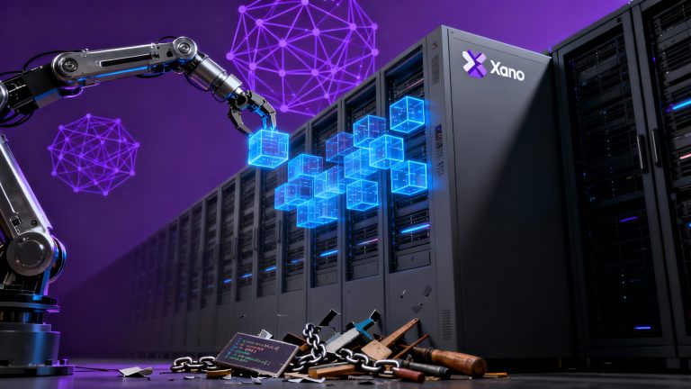 Hypermodern tech scene showing a sleek, metallic robotic arm assembling glowing blue digital building blocks into a pristine backend architecture, photographisch style, dramatic lighting with purple AI-neural network patterns floating in background, corporate gray server racks fade into shadows, broken chains and scattered traditional coding tools lie discarded below, low angle view creating imposing perspective, clean minimal composition with strong depth, ultra-detailed 32k rendering, dark tech atmosphere with accent lighting, symbolic digital transformation, sharp contrast between old and new development methods, Xano logo subtly integrated into the architecture