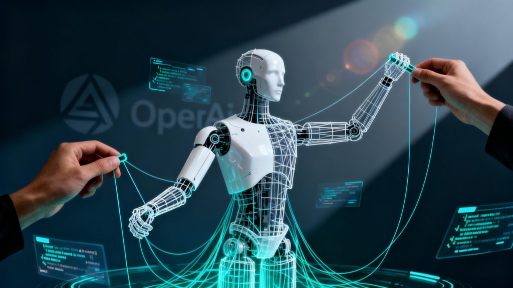 A dramatic, high-tech scene showing a partially transparent, wireframe robotic figure being assembled or emerging from lines of glowing code, with human hands pulling digital strings or manipulation handles connected to the figure, photorealistic style, dark blue-gray background with teal accents, the OpenAI logo subtly visible in the background, sharp contrast lighting creating dramatic shadows, clean minimal design, the robot figure has a mix of completed sections showing sleek white surfaces and unfinished wireframe parts, floating holographic UI elements and code fragments surrounding the scene, ultra-detailed 8k render, corporate tech aesthetic, subtle lens flare effects