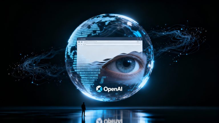 A sleek, dark technological scene showing a translucent digital globe made of flowing data and binary code, floating in a stark space, with the distinctive OpenAI logo subtly reflected. The globe is partially transformed into a browser window interface, with clean minimal lines. A large, watchful AI eye is partially visible through the globe's surface, suggesting surveillance. Dramatic rim lighting creates an ethereal glow around the globe's edges. The composition includes abstract digital particles and network connections flowing around the sphere. Hyper-realistic rendering, corporate tech aesthetic, with a color palette of deep blues, blacks, and glowing white accents. Small human silhouettes are dwarfed by the massive digital sphere, suggesting scale and power dynamics. Sharp contrasts between light and shadow create an atmosphere of both innovation and unease. Photorealistic, ultra-detailed, fotografisch, met logo van OpenAI.