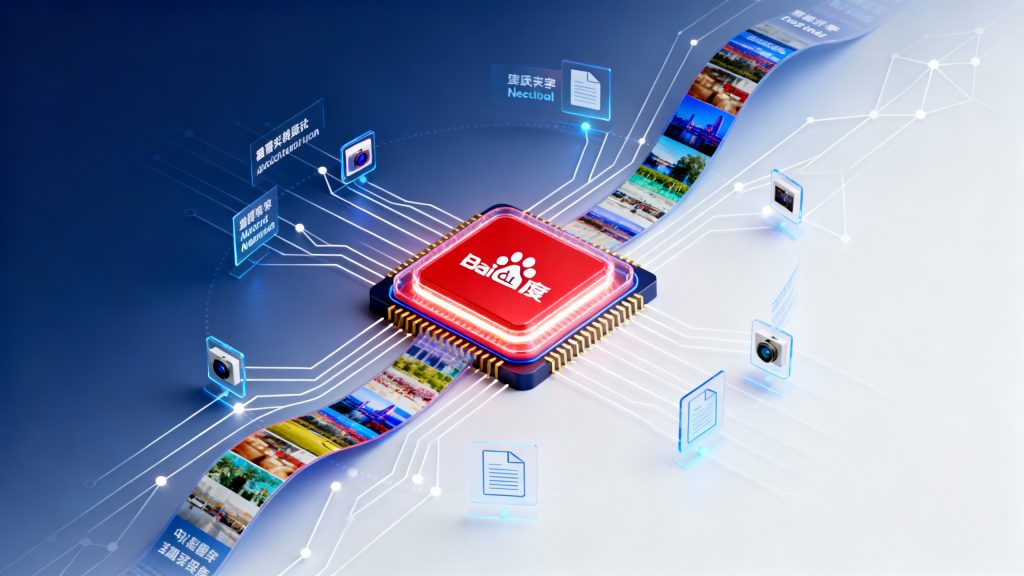 A sleek modern tech illustration showing a compact glowing neural processor core in Baidu red at the center, with flowing streams of colorful image thumbnails and floating text characters in Chinese and English converging into the core from multiple directions, geometric neural network nodes and connection lines radiating outward in white and light blue, small photography icons and document symbols orbiting the central element, clean gradient background transitioning from deep blue to white, minimalist composition with strong depth and layering, photorealistic 3D rendered style with soft lighting and subtle glow effects, professional tech aesthetic with floating holographic interface elements, compact chip-like structure emphasized at the focal point, dynamic sense of data fusion and processing, ultra-detailed high-resolution finish with corporate color palette of red, blue, white and subtle gold accents, no text or typography visible.