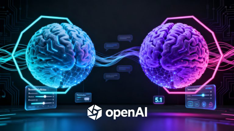 A sleek modern tech cover featuring a split composition with two distinct glowing AI brain-like neural network spheres side by side, one in electric blue and one in vibrant purple gradient, connected by flowing data streams and geometric lines, floating above a dark minimalist background with subtle circuit board patterns, the OpenAI logo prominently displayed in the lower third, surrounded by floating holographic interface elements showing customization sliders and personality adjustment controls, abstract conversation bubbles morphing into each other between the two spheres, sharp lighting with neon accents creating depth, ultra-clean professional design with strong symmetry, futuristic gradient overlays in cyan and magenta, geometric hexagonal frames around each sphere suggesting upgrade and evolution, small version number 5.1 integrated subtly into the design as glowing digits, high-tech atmosphere with depth of field effect, photorealistic rendering with smooth gradients and sharp details, minimalist color palette dominated by blues purples and blacks with white accents, suggesting intelligence advancement and dual-model architecture.