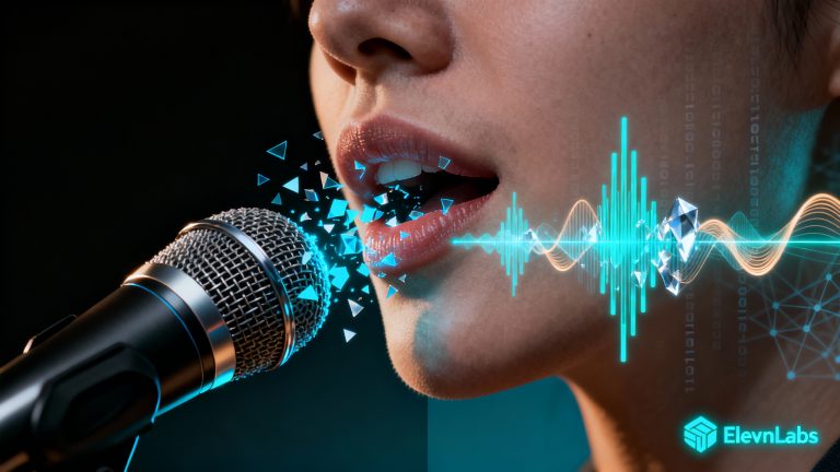 Extreme close-up photorealistic shot of human lips speaking into a professional studio microphone, with the lower half of the face visible, dramatic side lighting creating strong contrast and rim light effect, the lips and sound waves emanating from the mouth are partially fragmenting into luminous teal and blue digital particles and geometric data streams, half of the composition shows organic human texture while the other half dissolves into sleek technological elements, floating holographic sound waveforms transition from warm analog curves to sharp crystalline digital frequencies, small ElevenLabs logo subtly integrated as a glowing watermark in the corner, dark gradient background shifting from deep black to corporate blue-gray, tiny binary code and AI neural network patterns barely visible in the shadows, the microphone has a premium metallic finish with subtle reflections, overall mood is sophisticated yet slightly ominous suggesting both innovation and the unsettling power of synthetic voice technology, ultra-high resolution with sharp focus on the lips and soft bokeh on background elements, color palette limited to blacks, teals, blues and skin tones with occasional bright cyan highlights on the digital fragments, composition creates tension between human authenticity and artificial replication