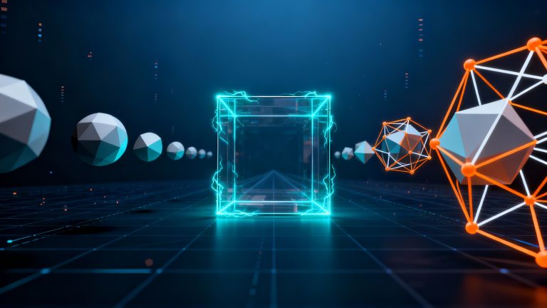 A striking minimalist composition showing the concept of spatial intelligence in artificial intelligence, featuring a central transparent wireframe cube with glowing edges in electric cyan, surrounded by floating geometric shapes including spheres and polyhedrons in various stages of materialization from flat 2D silhouettes on the left transforming into fully rendered 3D objects on the right, interconnected by delicate neural network lines and nodes in bright orange and white, set against a deep navy blue gradient background with subtle grid patterns suggesting coordinate systems and depth perception, small floating data points and particles creating a sense of computational processing, dramatic perspective with vanishing points emphasizing three-dimensional space, clean modern tech aesthetic with glass-like transparency effects, volumetric lighting creating depth layers, professional scientific visualization style with bold contrast between the glowing geometric elements and dark background, suggesting the breakthrough moment of AI understanding physical reality and spatial relationships, ultra-detailed rendering with sharp edges and smooth gradients, conveying innovation and the future of artificial intelligence through pure visual geometry.