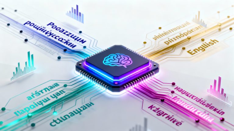 A sleek modern composition featuring a stylized geometric AI brain or neural processor chip at the center, with multiple streams of text and language symbols flowing into it from different directions, each stream representing a different language with small flag elements or distinctive alphabetic characters (Cyrillic for Polish, Latin for English and Dutch, various other scripts), the Polish language stream glowing brightest with electric blue and vibrant purple energy indicating strongest performance while the English stream appears dimmer or less connected, other language streams in varying intensities of cyan, magenta and amber creating a performance hierarchy, clean minimalist background in soft gradient from white to light gray, geometric connection lines and nodes suggesting neural pathways with varying thickness to show data strength, floating abstract data visualization elements like subtle bar charts or signal waves integrated organically into the composition, ultra-modern tech aesthetic with sharp vector-style graphics, professional color-graded lighting with rim lights on the central processor, shallow depth of field effect keeping focus on the central AI element, photorealistic rendering with clean edges, 8K quality, editorial tech magazine cover style, bold visual hierarchy that immediately communicates language performance comparison without text.