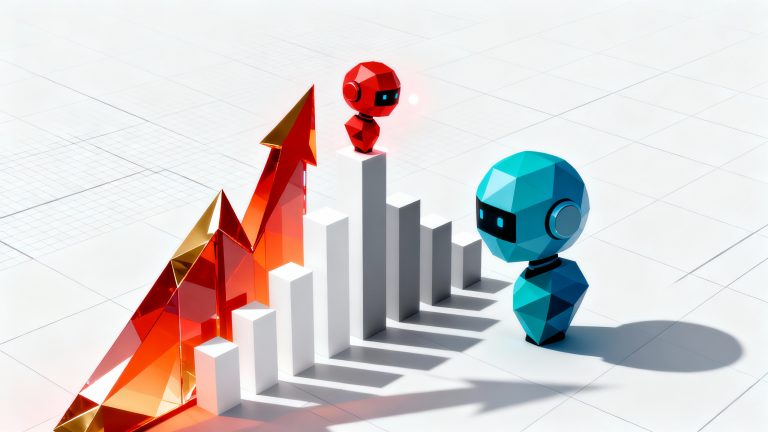 A bold minimalist tech competition scene featuring two abstract geometric AI representations facing each other in a confrontational stance, left side shows a sleek red and gold angular crystalline structure with sharp upward-pointing edges symbolizing rising Chinese innovation, right side displays a blue-teal rounded corporate geometric form appearing slightly tilted or destabilized, between them a series of ascending bar chart columns in white and gray clearly showing the red structure's bars towering over the blue structure's bars, the red AI form is positioned slightly higher and more prominent with a subtle glow effect, clean white background with minimal geometric grid lines suggesting data and benchmarks, professional tech industry aesthetic with sharp shadows cast by both forms, the composition uses dramatic perspective with the red structure in a victorious forward-leaning position while the blue structure appears defensive, color palette limited to bold red-orange gradients, cool blue-teal tones, and crisp white-gray neutrals, ultra-modern flat design with subtle depth through layered geometric shapes, no text or letters visible, the overall mood conveys technological disruption and competitive superiority through pure visual hierarchy and symbolic positioning.