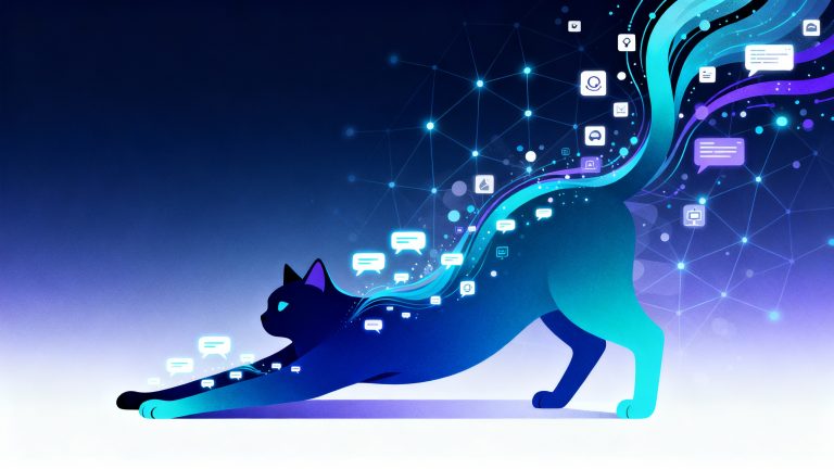 A sleek, minimalist composition featuring an extremely elongated, stylized cat silhouette stretching vertically across the frame in gradient shades of deep blue and electric teal, surrounded by flowing streams of glowing chat bubbles and message icons in various sizes cascading around the cat's body, abstract data particles and geometric nodes connected by thin luminous lines creating a network pattern in the background, modern tech aesthetic with a color palette of midnight blue, cyan, purple accents and white highlights, clean vector-style illustration with smooth gradients, the cat's tail extending upward transforming into flowing digital streams and conversation threads, floating interface elements and minimalist icons suggesting AI and communication scattered throughout, professional yet approachable design with a sense of infinite vertical extension, depth created through layered translucent shapes, contemporary digital art style with sharp clean edges and soft glowing effects, dynamic composition suggesting continuous flow and massive scale