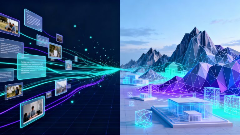 A striking split-screen composition showing the transformation from flat media to three-dimensional space, with the left side featuring floating translucent screens displaying text snippets, photograph frames, and video thumbnails in a scattered arrangement, connected by glowing cyan and purple data streams that flow toward the right side where they materialize into a stunning wireframe 3D landscape with geometric mountains, polygonal structures, and architectural elements rendered in luminous blue and violet gradients, the entire scene set against a deep navy background with subtle grid patterns suggesting digital space, small glowing particles and light trails connecting both halves to emphasize the AI transformation process, the 3D elements feature clean edges with slight transparency showing internal geometric frameworks, depth is created through layered elements with atmospheric perspective using lighter blues in the distance, accent lighting in bright cyan highlights key transformation points, the overall aesthetic is sleek and futuristic with a professional tech-forward feel, ultra-detailed rendering with sharp focus on the geometric structures, modern digital art style with emphasis on clean lines and dimensional depth, the composition creates a clear visual narrative from two-dimensional input on the left flowing into fully realized three-dimensional output on the right