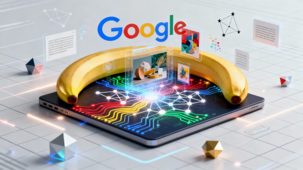 A sleek modern tech cover featuring a stylized digital canvas in the center with vibrant images materializing from glowing neural network patterns, Google's signature colors of blue red yellow and green flowing as gradient streams connecting abstract nodes and circuits, a playful curved banana silhouette integrated as a golden arc framing the composition, holographic AI-generated artwork emerging from a central point showing photorealistic renders and creative designs, floating geometric shapes and data particles, twin star constellation subtly embedded in the background representing Gemini, crisp perfect typography samples floating in the space demonstrating text rendering capabilities, clean minimalist white and light gray background with subtle grid patterns, professional tech aesthetic with playful creative energy, ultra-detailed 3D rendered style with depth and dimension, dynamic lighting with soft glows and highlights, futuristic interface elements, no text labels, composition suggesting powerful creative AI technology that's both sophisticated and accessible