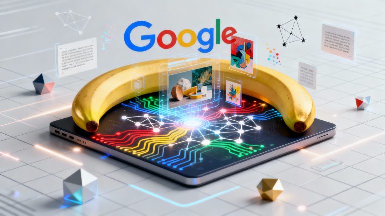 A sleek modern tech cover featuring a stylized digital canvas in the center with vibrant images materializing from glowing neural network patterns, Google's signature colors of blue red yellow and green flowing as gradient streams connecting abstract nodes and circuits, a playful curved banana silhouette integrated as a golden arc framing the composition, holographic AI-generated artwork emerging from a central point showing photorealistic renders and creative designs, floating geometric shapes and data particles, twin star constellation subtly embedded in the background representing Gemini, crisp perfect typography samples floating in the space demonstrating text rendering capabilities, clean minimalist white and light gray background with subtle grid patterns, professional tech aesthetic with playful creative energy, ultra-detailed 3D rendered style with depth and dimension, dynamic lighting with soft glows and highlights, futuristic interface elements, no text labels, composition suggesting powerful creative AI technology that's both sophisticated and accessible