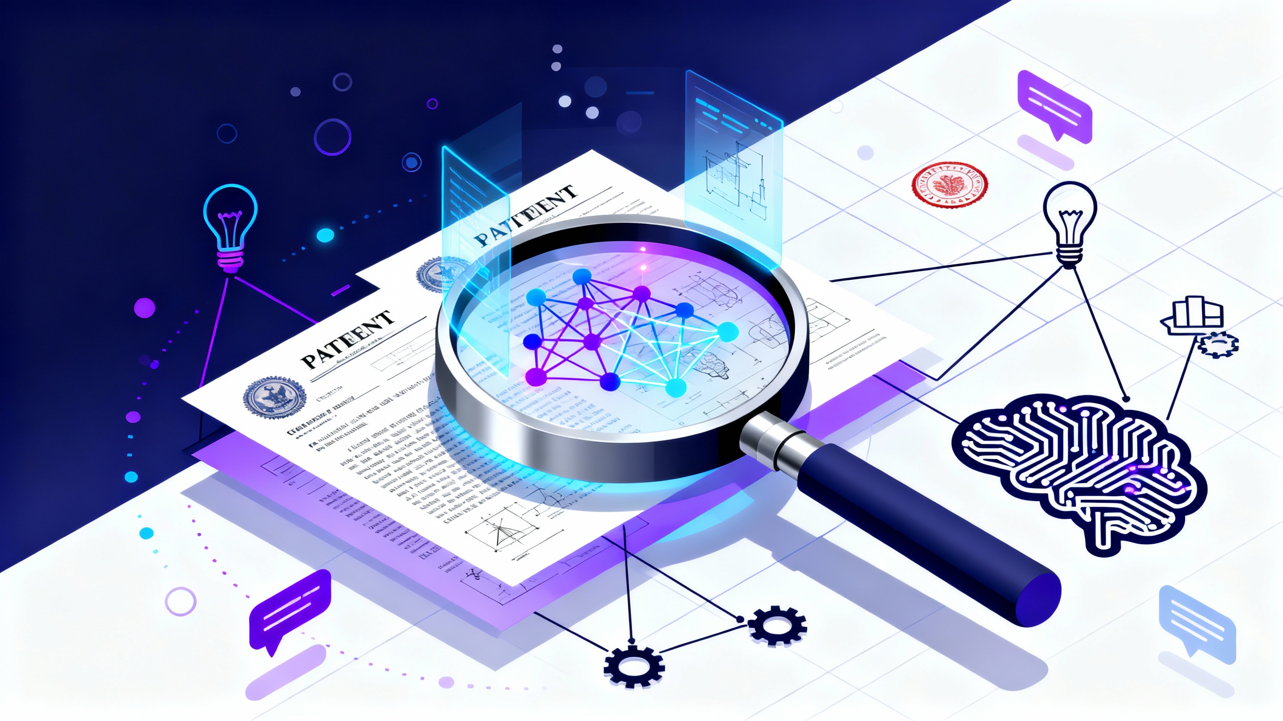 A sleek modern composition showing a large magnifying glass in the center examining floating holographic patent document sheets with official seals and technical diagrams, the magnifying glass lens reveals glowing neural network patterns and interconnected nodes in electric blue and purple hues transforming the complex legal text into simple illuminated search results, geometric lines connect scattered patent symbols including lightbulbs gears and official stamps to a central AI brain icon made of circuit patterns, the background features a gradient from deep navy to white with subtle grid lines suggesting digital space, floating abstract data particles and search query bubbles in natural language surround the main elements, minimalist flat design with isometric depth, sharp clean edges, professional color palette of cobalt blue electric purple silver and white, high contrast lighting emphasizing the transformation from traditional documents to AI-powered accessibility, no text visible, ultra-detailed vector style illustration conveying innovation intelligence and technological breakthrough in patent search.