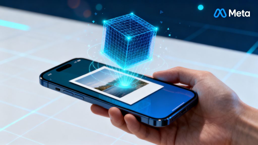 A sleek modern tech cover showing a smartphone held in frame displaying a single flat photograph on its screen, with a stunning three-dimensional holographic model dramatically emerging and floating above the phone, the 3D model rendered with subtle blue wireframe mesh overlay and glowing edges, the transformation from 2D to 3D clearly visible with geometric particles and light trails connecting the flat image to the volumetric model, Meta logo prominently displayed in the corner, color palette of Meta blue, cyan, white and deep navy gradients, futuristic atmosphere with soft ambient lighting and subtle lens flares, photorealistic smartphone and hand contrasted with high-tech holographic projection effects, clean minimalist background with subtle grid pattern suggesting digital space, professional product photography style merged with cutting-edge AR visualization, sharp focus on the transformation moment, cinematic lighting emphasizing the depth and dimensionality of the 3D output, ultra-detailed rendering showing the revolutionary nature of AI-powered 3D generation technology