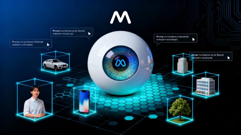 A sleek, modern tech cover showing a large stylized eye or camera lens in the center with the Meta logo integrated into the iris, surrounded by multiple everyday objects (person, car, phone, building, tree) each outlined with glowing neon blue segmentation lines and bounding boxes as if being analyzed by AI, digital scanning grid overlay with hexagonal patterns spreading across a dark navy blue to black gradient background, floating text prompt boxes with cursor indicators suggesting voice-to-vision commands, dramatic rim lighting creating a sense of omniscient surveillance, clean minimalist composition with the Meta 'M' symbol prominently displayed in the upper corner, high-tech atmosphere with subtle circuit board patterns in the background, photorealistic objects contrasted against abstract digital analysis overlays, cool color palette dominated by electric blue, cyan and white against deep blacks, suggesting both innovation and the slightly unsettling power of all-seeing AI technology, ultra-detailed rendering with sharp focus on segmentation boundaries, professional corporate tech aesthetic with an edge of digital dominance