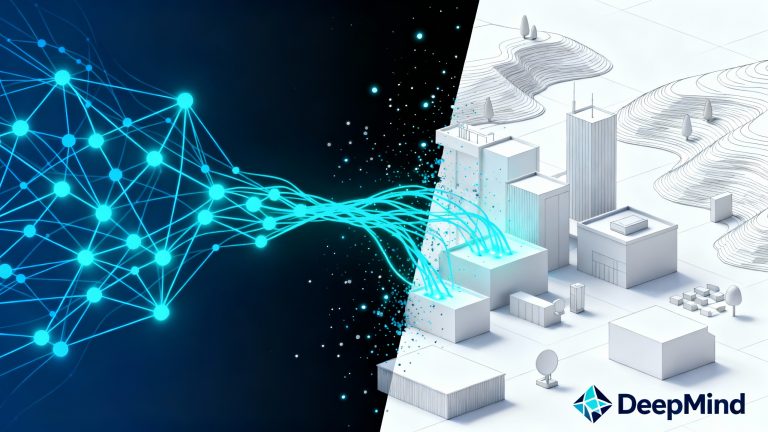 A sleek modern digital illustration showing a luminous neural network pattern in electric blue and cyan colors emerging from the left side, with glowing nodes and connections forming an abstract AI consciousness, reaching toward and interacting with a pristine white and light gray wireframe 3D environment on the right side featuring geometric buildings, terrain, and objects in isometric perspective, the neural network tendrils touching and illuminating parts of the 3D world causing them to glow with the same cyan energy, the DeepMind logo subtly integrated as a small geometric symbol in the corner, dark navy blue gradient background fading to deep space black, particles of light floating between the AI and the environment suggesting data transfer and learning, ultra-clean composition with sharp lines and smooth gradients, professional tech aesthetic with a sense of breakthrough innovation, the 3D world partially dissolving into digital particles where the AI touches it showing transformation and understanding, dramatic side lighting creating depth, photorealistic rendering quality with a futuristic minimalist style, 16:9 aspect ratio optimized for article cover.