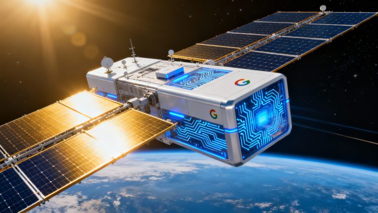 A sleek orbital satellite data center floating in space above Earth's curved horizon, massive geometric solar panel arrays extending outward catching brilliant golden sunlight, the structure features a modern modular design with glowing blue circuit-like patterns suggesting AI processing power, Earth's atmosphere creates a luminous blue gradient below, the satellite has a clean white and metallic silver finish with subtle accents in Google's signature colors integrated into panel edges and connection points, dramatic rim lighting from the sun creates sharp highlights along the solar panels, small communication dishes and antenna arrays dot the structure, the background shows the deep black of space with distant stars, the composition is shot from a dynamic three-quarter angle emphasizing the scale and ambition of the infrastructure, photorealistic rendering with a polished editorial tech illustration style, ultra-detailed solar cells visible on panels, soft blue glow emanating from data processing modules, thin wisps of Earth's upper atmosphere visible, the overall mood is futuristic and ambitious suggesting technological advancement and innovation, high contrast lighting between the sun-facing brilliant gold and shadow-side deep blues, minimal but impactful design that immediately communicates space-based AI infrastructure powered by solar energy.