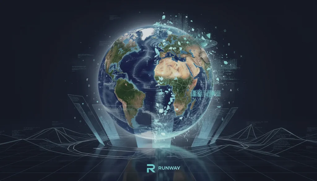 A photorealistic floating Earth sphere in the center, half rendered as solid photographic reality and half dissolving into glowing cyan wireframe mesh and flowing data particles, suspended in a dark navy blue void with dramatic rim lighting creating a halo effect around the globe, transparent holographic projection beams emanating from below suggesting the world is being generated or simulated, small Runway company logo subtly embedded in the lower corner glowing softly, digital grid lines and geometric patterns flowing through space around the sphere, some continents appearing as high-detail photography while others fragment into luminous blue and white data streams and polygonal structures, clean minimalist composition with the sphere dominating the frame, cinematic lighting with strong contrast between deep shadows and bright electric blue highlights, suggesting artificial intelligence constructing or modeling reality itself, ultra-detailed 8K rendering with a sleek modern tech aesthetic, particles of light and code floating in the atmosphere, the boundary between real and simulated reality visibly blurring and peeling away in layers, professional corporate futuristic style with dramatic visual impact