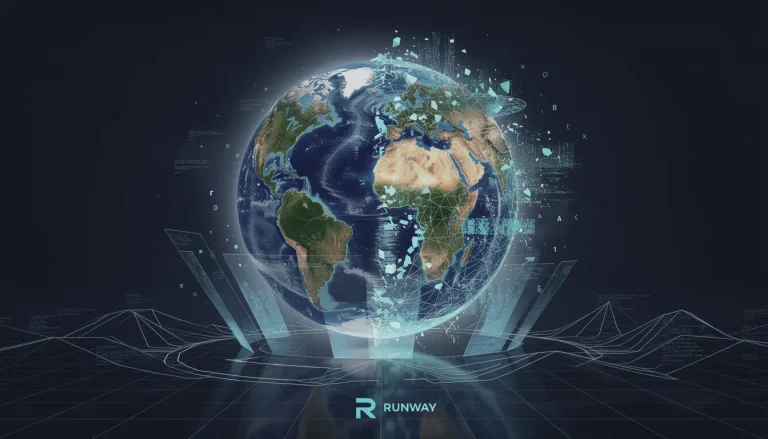 A photorealistic floating Earth sphere in the center, half rendered as solid photographic reality and half dissolving into glowing cyan wireframe mesh and flowing data particles, suspended in a dark navy blue void with dramatic rim lighting creating a halo effect around the globe, transparent holographic projection beams emanating from below suggesting the world is being generated or simulated, small Runway company logo subtly embedded in the lower corner glowing softly, digital grid lines and geometric patterns flowing through space around the sphere, some continents appearing as high-detail photography while others fragment into luminous blue and white data streams and polygonal structures, clean minimalist composition with the sphere dominating the frame, cinematic lighting with strong contrast between deep shadows and bright electric blue highlights, suggesting artificial intelligence constructing or modeling reality itself, ultra-detailed 8K rendering with a sleek modern tech aesthetic, particles of light and code floating in the atmosphere, the boundary between real and simulated reality visibly blurring and peeling away in layers, professional corporate futuristic style with dramatic visual impact
