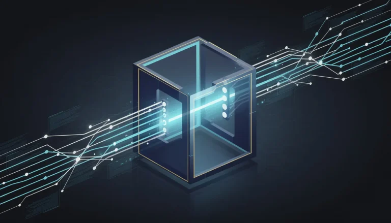 A sleek minimalist technical illustration showing a central geometric gate structure made of layered translucent panels in deep navy blue and electric cyan, with streams of glowing neural network nodes flowing through it, some nodes passing through while others are filtered out, creating a visual metaphor for selective attention, the gate has sharp angular architecture with subtle golden accent lines suggesting premium innovation, background features a dark gradient from deep blue to black with faint hexagonal grid pattern, multiple layers of abstract data streams represented by thin luminous lines and small circular nodes in white and cyan colors converging toward the central gate mechanism, some pathways highlighted in bright cyan showing successful passage through the attention filter, geometric shapes and clean lines throughout, modern tech aesthetic with depth and dimension, professional and scientific look, no text or labels, isometric perspective giving three-dimensional depth, subtle glow effects around active neural pathways, representing advanced AI architecture and breakthrough technology in machine learning