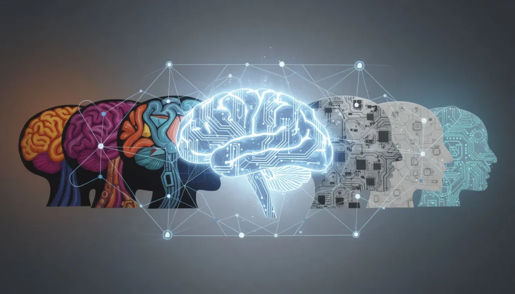 A striking minimalist composition showing a network of human head silhouettes arranged in a geometric grid pattern, connected by glowing blue circuit lines and neural pathways, the heads gradually transforming from left to right showing diverse colorful organic brain patterns fading into identical monochrome robotic synchronized minds, clean vector style illustration with sharp geometric shapes, cool blue and gray color palette dominating the right side while warm oranges and purples fade out on the left, digital nodes and connection points linking all heads together in a web-like structure, central focal point showing a large wireframe brain with circuit board patterns replacing organic neural networks, background features subtle hexagonal grid pattern suggesting technological infrastructure, dramatic lighting with the AI-synchronized side glowing with cold blue light while the human creativity side dims into shadow, modern corporate tech aesthetic with flat design elements, high contrast between organic curved forms and rigid geometric digital elements, sense of uniformity and loss of individuality, ominous atmosphere suggesting technological conformity overtaking human diversity, ultra-clean professional finish with no text.