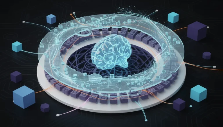 A sleek, modern visualization of an artificial intelligence memory system shown as a cross-section architectural diagram, featuring a stylized neural network core in electric blue and cyan with glowing nodes and connections, surrounded by three distinct layered zones representing different memory types: a bright, active outer ring of short-term context with flowing data particles, a middle layer of organized geometric storage units in deep purple representing structured memory, and an inner core of densely packed neural pathways in navy blue symbolizing long-term storage, all connected by luminous data streams and synaptic bridges, the composition uses an isometric perspective showing depth and hierarchy, with translucent panels and glass-like surfaces revealing the internal architecture, floating geometric shapes like cubes and hexagons represent data chunks being processed and stored, subtle circuit board patterns in the background, a color palette of electric blue, cyan, deep purple, navy, and white with glowing orange accent lines highlighting active connections, clean minimalist design with sharp edges and smooth gradients, professional tech aesthetic with a sense of revelation and breakthrough, the overall feel suggests looking inside a sophisticated AI brain's memory infrastructure, high contrast between glowing active elements and darker storage areas, modern digital art style with precise geometric forms and flowing organic neural patterns coexisting, creating intrigue about how artificial minds retain and access information.