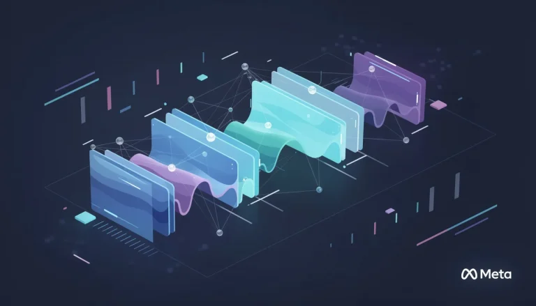 A sleek modern tech cover featuring a large three-dimensional sound waveform in electric blue and cyan gradient floating in the center against a dark navy background, with precise geometric segmentation lines cutting through the waveform at various points creating distinct colored sections in shades of blue, purple and teal, small Meta logo subtly integrated in the corner, abstract AI neural network nodes connected by thin glowing lines overlaying parts of the waveform, minimalist composition with ample negative space, floating geometric shapes suggesting audio frequency bands, professional corporate tech aesthetic, ultra-clean vector-style rendering with smooth gradients, subtle glow effects around the segmented audio sections, isometric perspective adding depth, color palette of deep navy blue, electric cyan, purple accents and white highlights, photorealistic 3D rendering style mixed with flat design elements, sharp focus on the central waveform with slight depth of field blur on background elements, conveying cutting-edge AI audio processing technology