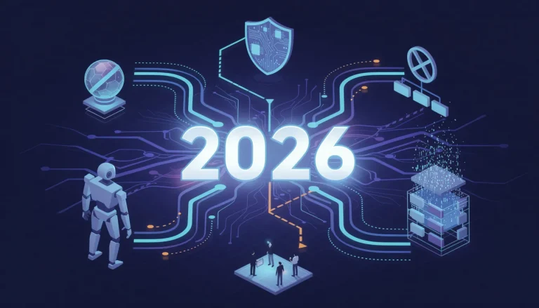 A bold, modern cover design featuring a large glowing "2026" at the center with abstract neural network patterns radiating outward in electric blue and purple gradients, surrounded by floating geometric icons including a simplified robot silhouette representing autonomous AI agents, a hierarchical organizational chart with middle layers dissolving into digital particles, a shield with circuit board patterns symbolizing cybersecurity, and a crossed-out crystal ball indicating debunked predictions, all connected by flowing data streams and dotted pathways, set against a deep navy blue background with subtle grid patterns, incorporating isometric design elements and clean lines, with strategic use of bright cyan highlights and warning orange accents on certain pathways, creating depth through layered transparency effects and gradient overlays, professional tech-forward aesthetic with sharp geometric shapes, minimalist composition with strong visual hierarchy leading the eye from bottom to top toward the glowing year, small abstract human figures at the bottom looking up toward the future, atmospheric glow effects around key elements, ultra-detailed vector-style rendering with smooth gradients and precise edges.