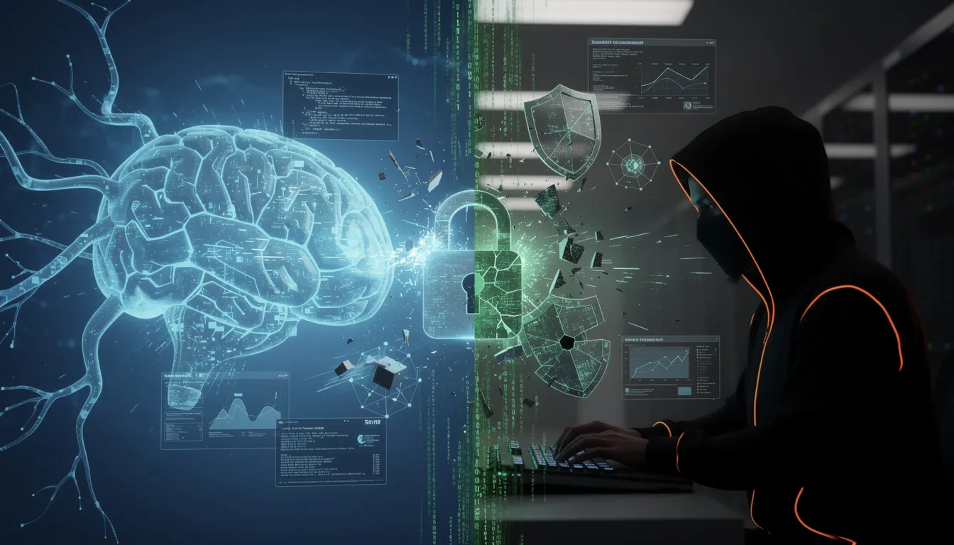 A dramatic split-screen composition showing a tense confrontation between artificial intelligence and human expertise in cybersecurity, left side features a glowing translucent neural network pattern in electric blue and cyan forming an abstract AI entity with circuit-like tendrils reaching toward the center, right side shows a dark silhouette of a hooded cybersecurity professional with subtle orange rim lighting, the center dividing line is formed by cascading streams of green matrix-style code and binary numbers flowing downward, floating between both sides are symbolic elements including a cracked digital padlock, fragmented firewall shields with glitch effects, and holographic network node diagrams, the background is a deep gradient from midnight blue to charcoal black suggesting a corporate server room environment, dramatic spotlighting creates high contrast with the AI side appearing luminous and ethereal while the human side remains shadowy and mysterious, scattered floating elements include terminal command prompts, vulnerability scan results, and abstract data packets, the composition uses a low camera angle looking slightly upward to emphasize the scale of this confrontation, color palette restricted to cyber blue, electric cyan, warning orange, and matrix green against dark backgrounds, photorealistic rendering with sharp details on the technical elements, modern minimalist design with ample negative space in the upper third, the overall mood suggests tension, competition, and the uncertain future of human expertise versus artificial intelligence capabilities in penetration testing and cybersecurity warfare