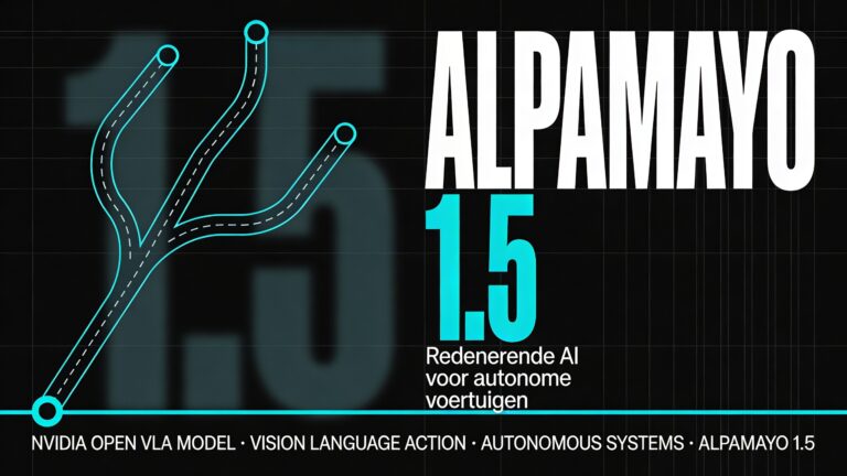 A horizontal 16:9 graphic design poster cover with a deep near-black navy background (#0A0E1A), designed in the tradition of Swiss modernist technical poster design. On the far left, a massive ultra-bold condensed sans-serif numeral "1.5" fills roughly half the vertical height of the composition, rendered in pure white, slightly cropped at the top and bottom edges, functioning as a typographic architectural anchor. Directly above this numeral, in very small tight-tracked condensed uppercase white sans-serif letters: "ALPAMAYO". Running horizontally through the center of the composition, a clean abstract three-node pipeline diagram rendered in thin precise lines: three small perfect circles connected by fine horizontal lines with sharp right-angle arrows, each circle labeled beneath in tiny condensed uppercase type — "VISION", "REASON", "ACTION" — the connecting arrows and the three node circles all rendered in electric cyan (#00E5FF), creating a signal-like flow reading left to right. This diagram sits in the middle third of the composition at vertical center, feeling like a stripped-down technical schematic. In the right third, "REDENERENDE AI" is set in large bold condensed white grotesque type, stacked vertically with dramatic scale contrast, and beneath it a smaller single line reads "VOOR AUTONOME VOERTUIGEN" in electric cyan, tight-tracked. A barely visible ultra-fine grid of horizontal and vertical rules covers the entire background like technical graph paper, rendered at 3–4% opacity in cool grey, giving depth without distraction. A single ultra-thin vanishing-point perspective line originates from behind the center diagram and extends subtly toward the right edge, evoking a road or trajectory without being literal. At the very bottom left, a horizontal rule in cyan followed by tiny label text in white: "NVIDIA · OPEN VISION LANGUAGE ACTION MODEL · V1.5". The overall composition reads left to right: numeral anchor → pipeline reasoning diagram → concept text, mirroring the logic of the AI model itself. The design feels precision-engineered, austere, and technically elegant — like a museum of technology exhibition poster adapted for a horizontal editorial cover format.