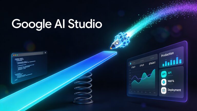 Wide 16:9 digital illustration with a dark navy (#0a0e1a) background. A sleek glowing springboard angled upward dominates the center of the composition, rendered in electric blue and cyan gradients. On the left side of the springboard, a minimalist terminal/chat prompt interface glows softly — showing a cursor and abstract code lines in pale blue-white, representing experimentation. Launching off the right tip of the springboard is a luminous rocket or geometric data cluster soaring upward-right, trailing a bright gradient arc of cyan and purple particles. On the far right, a clean floating production dashboard panel shows abstract graphs, API metrics, and deployment icons in vibrant teal and white. The overall color palette is deep navy, electric blue, cyan, and violet with subtle lens-flare glow effects. Bold white sans-serif text reads "Google AI Studio" near the top-left in a clean modern typeface. The scene has a polished, futuristic flat-3D tech illustration style — professional, bold, and visually dynamic, optimized for a wide landscape blog cover.