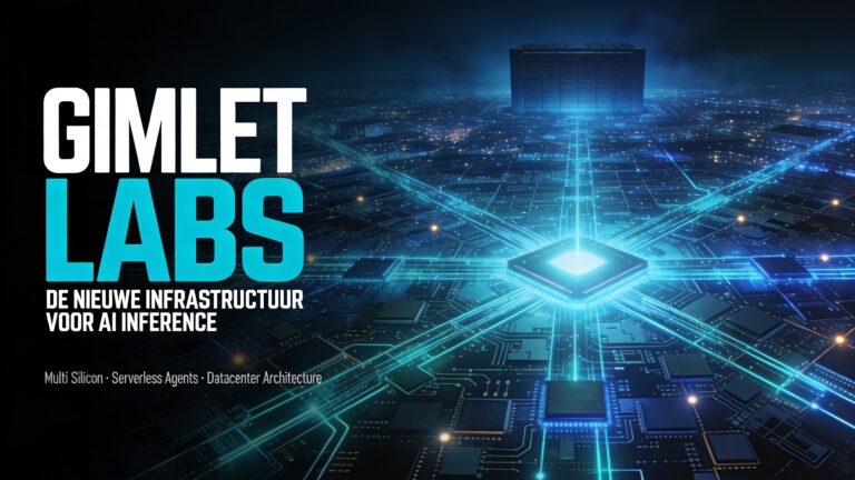 A highly stylized 16:9 horizontal film cover in the vein of Laurent Durieux and Olly Moss — cerebral, geometric, near-future science fiction aesthetic. Deep black background fading into dark navy blue. The central and right portion of the image features a breathtaking bird's-eye view of a vast silicon wafer or circuit board rendered as a glowing city grid — precise geometric pathways of electric cyan and cobalt blue light radiate outward symmetrically from a central luminous node, resembling both a microchip architecture and a sprawling metropolis seen from above at night. The light lines pulse faintly, suggesting neural networks and data flow, with small bright nodes at intersections like city lights. A faint monolithic rectangular structure — a datacenter — looms in the deep background center, backlit with cold blue atmospheric haze, evoking a temple of computation. On the left third of the image, bold stacked typography: the word "GIMLET" in large, tight, all-caps geometric sans-serif (Eurostile-style), stark white, followed directly below by "LABS" in the same massive font but rendered in electric cyan — together forming the dominant title block. Directly beneath in clean, widely letter-spaced small white type: "DE NIEUWE INFRASTRUCTUUR VOOR AI INFERENCE". Along the very bottom of the entire image, a thin strip of small mock-credit text in pale gray reads: "Multi Silicon · Serverless Agents · Datacenter Architecture" styled as a film credit line. The overall mood is cold, precise, intelligent, and quietly ominous — the beauty of invisible systems that control everything. Minimal, iconic, cinematic.