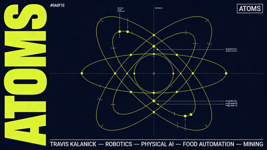 A high-end horizontal 16:9 graphic design poster cover with a deep near-black navy blue background (#0A0F1E), featuring a bold Swiss-modernist industrial poster aesthetic with scientific diagram precision. On the far left, the word "ATOMS" is set in an ultra-condensed, ultra-heavy grotesque sans-serif typeface, stacked in an extremely large size, spanning almost the full height of the composition in bright acid yellow — functioning as both dominant typographic anchor and structural design pillar. To the right of the text, centered slightly right-of-middle in the composition, a precise technical diagram of an atomic orbital structure: multiple overlapping elliptical rings at varying angles rendered as razor-thin acid yellow lines, resembling a 3D atomic model or mechanical orrery, with small circular dots marking key intersection points — suggesting both molecular structure and mechanical precision simultaneously. The diagram is large, clean, and scientifically exact, like a blueprint from an advanced research institute. A barely visible fine grid overlay covers the entire background. Thin horizontal white rules at the bottom third of the composition separate a line of small, tight uppercase white sans-serif metadata labels reading: "TRAVIS KALANICK — ROBOTICS — PHYSICAL AI — FOOD AUTOMATION — MINING" — set like engineering diagram annotations. A very small label in the upper-right corner reads "ATOMS" in minimal white monospaced type, framed in a thin white rectangle like a schematic label. The overall palette is deep navy, acid yellow, and white only — cold, precise, ambitious, and commanding. Fine grain texture over the entire surface gives it an offset-print quality. The composition reads as an exhibition poster for a scientific institution merged with a cutting-edge technology startup announcement: authoritative, striking, and conceptually sharp at both full size and thumbnail scale.