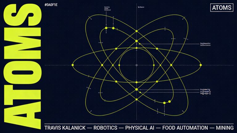 A high-end horizontal 16:9 graphic design poster cover with a deep near-black navy blue background (#0A0F1E), featuring a bold Swiss-modernist industrial poster aesthetic with scientific diagram precision. On the far left, the word "ATOMS" is set in an ultra-condensed, ultra-heavy grotesque sans-serif typeface, stacked in an extremely large size, spanning almost the full height of the composition in bright acid yellow — functioning as both dominant typographic anchor and structural design pillar. To the right of the text, centered slightly right-of-middle in the composition, a precise technical diagram of an atomic orbital structure: multiple overlapping elliptical rings at varying angles rendered as razor-thin acid yellow lines, resembling a 3D atomic model or mechanical orrery, with small circular dots marking key intersection points — suggesting both molecular structure and mechanical precision simultaneously. The diagram is large, clean, and scientifically exact, like a blueprint from an advanced research institute. A barely visible fine grid overlay covers the entire background. Thin horizontal white rules at the bottom third of the composition separate a line of small, tight uppercase white sans-serif metadata labels reading: "TRAVIS KALANICK — ROBOTICS — PHYSICAL AI — FOOD AUTOMATION — MINING" — set like engineering diagram annotations. A very small label in the upper-right corner reads "ATOMS" in minimal white monospaced type, framed in a thin white rectangle like a schematic label. The overall palette is deep navy, acid yellow, and white only — cold, precise, ambitious, and commanding. Fine grain texture over the entire surface gives it an offset-print quality. The composition reads as an exhibition poster for a scientific institution merged with a cutting-edge technology startup announcement: authoritative, striking, and conceptually sharp at both full size and thumbnail scale.