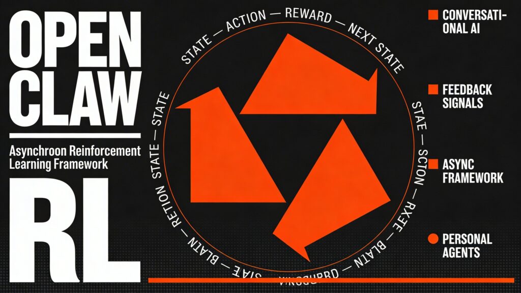 Horizontal 16:9 graphic design poster cover with a deep near-black background (#080808). Left third of the composition dominated by oversized stacked condensed grotesque bold white typography: "OPEN" on the first line, "CLAW" on the second, and "RL" in a dramatically larger weight below — the letters tight, commanding, and architecturally stacked like a Swiss modernist poster headline. A thin white horizontal rule separates the stacked title from a small monospaced subtitle line below reading "Asynchroon Reinforcement Learning Framework" in crisp off-white at small scale. Center of the composition features a large, sharp geometric symbol: three bold triangular arrow-forms arranged in a perfect circular orbit pattern, each pointing clockwise, rendered in electric vivid orange (#FF5500) — simultaneously evoking a feedback loop, a recursive signal cycle, and a mechanical claw gripping inward. The symbol is clean vector geometry, approximately one-third the height of the composition, sitting on a faint circular construction ring drawn in very thin orange lines. Around the circular symbol, in very small all-caps monospaced type arranged as a ring caption in white: "STATE — ACTION — REWARD — NEXT STATE" repeating as a circular typographic orbit. Right third contains a structured vertical column of small label blocks in tight sans-serif: "CONVERSATIONAL AI", "FEEDBACK SIGNALS", "ASYNC FRAMEWORK", "PERSONAL AGENTS" — each preceded by a small filled orange square bullet, aligned on a strict vertical grid, the text in off-white at 8–10pt scale. The overall layout uses a rigid invisible grid with clear horizontal baseline alignment. A single thin orange horizontal rule spans the full width near the lower quarter of the composition. Subtle very fine halftone dot grain texture overlaid at low opacity adds a refined print-poster feel. The entire composition feels like a world-class technical systems exhibition poster — rational, bold, precisely designed, with one dominant conceptual idea (the feedback loop as claw symbol) anchoring the layout. Monochrome near-black base, electric orange as sole structural accent color, white typography. No decorative clutter, pure graphic design logic.