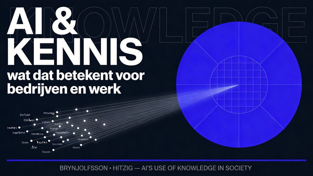 A horizontal 16:9 graphic design poster cover with a near-black deep navy background (#070C1A). The central visual concept is a convergence diagram: on the far left, a scattered field of dozens of tiny white dots and ultra-small text fragments — representing distributed human knowledge, workers, expertise, and organizational data — all connected by thin hairline rules that flow and converge from left to right across the composition, pulling inward toward a single dominant geometric circle positioned slightly right of center. This large circle (approximately 40% of the image height in diameter) glows with an electric cobalt blue (#0057FF) fill and contains a subtle internal grid of fine lines, symbolizing centralized AI intelligence. The convergence lines are precise and elegant, rendered in soft white at very low opacity, creating a sense of systematic flow and gravitational pull. Above the diagram, occupying the upper-left to center-upper portion, is the oversized title in a ultra-bold condensed grotesk typeface in clean white, set in two stacked lines: "AI & KENNIS" in massive weight, and below it in a medium-weight condensed grotesk, smaller but still prominent, the subtitle in white: "wat dat betekent voor bedrijven en werk." A ghosted oversized word "KNOWLEDGE" sits behind the composition in extreme scale, very low opacity white, adding typographic texture and depth. At the very bottom of the image, a thin horizontal rule in cobalt blue spans nearly the full width, and below it, in ultra-small spaced caps in muted light gray, reads: "BRYNJOLFSSON · HITZIG — AI'S USE OF KNOWLEDGE IN SOCIETY." The overall composition reads left-to-right as distributed fragmentation converging into singular centralized intelligence. The design language is Swiss modernist grid-based information design meeting contemporary editorial poster aesthetics — precise, intellectual, technically elegant. A subtle offset-print paper grain texture overlays the entire surface, giving the image materiality and elevated print-design quality. The final result feels like a world-class academic symposium poster or a design magazine cover — concept-driven, typographically bold, and compositionally intelligent.