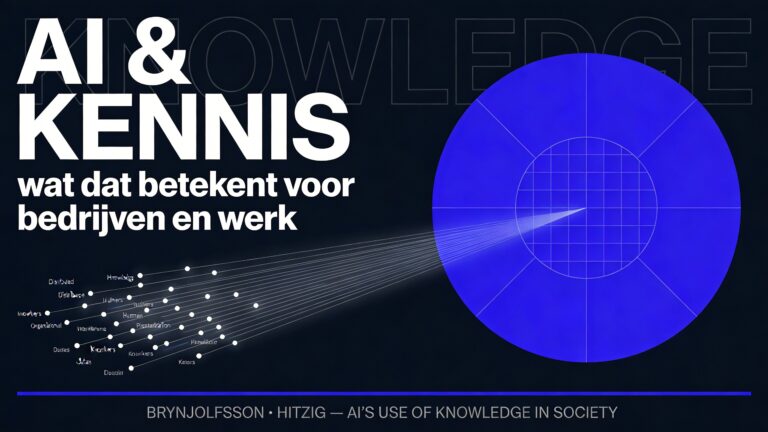 A horizontal 16:9 graphic design poster cover with a near-black deep navy background (#070C1A). The central visual concept is a convergence diagram: on the far left, a scattered field of dozens of tiny white dots and ultra-small text fragments — representing distributed human knowledge, workers, expertise, and organizational data — all connected by thin hairline rules that flow and converge from left to right across the composition, pulling inward toward a single dominant geometric circle positioned slightly right of center. This large circle (approximately 40% of the image height in diameter) glows with an electric cobalt blue (#0057FF) fill and contains a subtle internal grid of fine lines, symbolizing centralized AI intelligence. The convergence lines are precise and elegant, rendered in soft white at very low opacity, creating a sense of systematic flow and gravitational pull. Above the diagram, occupying the upper-left to center-upper portion, is the oversized title in a ultra-bold condensed grotesk typeface in clean white, set in two stacked lines: "AI & KENNIS" in massive weight, and below it in a medium-weight condensed grotesk, smaller but still prominent, the subtitle in white: "wat dat betekent voor bedrijven en werk." A ghosted oversized word "KNOWLEDGE" sits behind the composition in extreme scale, very low opacity white, adding typographic texture and depth. At the very bottom of the image, a thin horizontal rule in cobalt blue spans nearly the full width, and below it, in ultra-small spaced caps in muted light gray, reads: "BRYNJOLFSSON · HITZIG — AI'S USE OF KNOWLEDGE IN SOCIETY." The overall composition reads left-to-right as distributed fragmentation converging into singular centralized intelligence. The design language is Swiss modernist grid-based information design meeting contemporary editorial poster aesthetics — precise, intellectual, technically elegant. A subtle offset-print paper grain texture overlays the entire surface, giving the image materiality and elevated print-design quality. The final result feels like a world-class academic symposium poster or a design magazine cover — concept-driven, typographically bold, and compositionally intelligent.