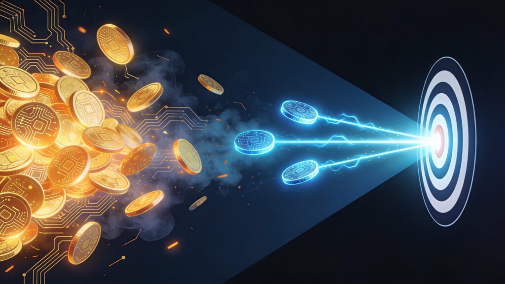 A bold editorial illustration in landscape format with a dark navy background. The composition is split diagonally — on the left side, an overflowing chaotic pile of glowing golden coin-like tokens with AI circuit patterns spill out in all directions, dissolving into smoke and wasted light, symbolizing excess and inefficiency. On the right side, a single precise beam of three glowing electric-blue tokens travels in a clean straight line and strikes a bright bullseye target, emitting a sharp burst of light, symbolizing smart efficiency and real value. The contrast between chaos and precision is stark and dramatic. The color palette uses deep navy blue, electric cyan, warm gold, and burnt orange accents. The overall aesthetic is modern, slightly cyberpunk editorial illustration with clean vector-style rendering and subtle glowing light effects. The composition is wide and cinematic, optimized for 16:9 format, with no text.