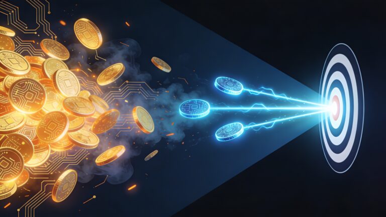 A bold editorial illustration in landscape format with a dark navy background. The composition is split diagonally — on the left side, an overflowing chaotic pile of glowing golden coin-like tokens with AI circuit patterns spill out in all directions, dissolving into smoke and wasted light, symbolizing excess and inefficiency. On the right side, a single precise beam of three glowing electric-blue tokens travels in a clean straight line and strikes a bright bullseye target, emitting a sharp burst of light, symbolizing smart efficiency and real value. The contrast between chaos and precision is stark and dramatic. The color palette uses deep navy blue, electric cyan, warm gold, and burnt orange accents. The overall aesthetic is modern, slightly cyberpunk editorial illustration with clean vector-style rendering and subtle glowing light effects. The composition is wide and cinematic, optimized for 16:9 format, with no text.