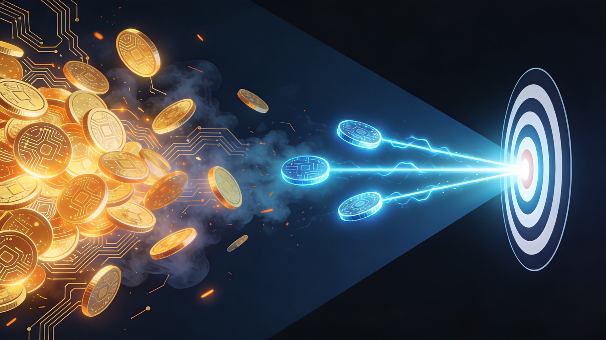 A bold editorial illustration in landscape format with a dark navy background. The composition is split diagonally — on the left side, an overflowing chaotic pile of glowing golden coin-like tokens with AI circuit patterns spill out in all directions, dissolving into smoke and wasted light, symbolizing excess and inefficiency. On the right side, a single precise beam of three glowing electric-blue tokens travels in a clean straight line and strikes a bright bullseye target, emitting a sharp burst of light, symbolizing smart efficiency and real value. The contrast between chaos and precision is stark and dramatic. The color palette uses deep navy blue, electric cyan, warm gold, and burnt orange accents. The overall aesthetic is modern, slightly cyberpunk editorial illustration with clean vector-style rendering and subtle glowing light effects. The composition is wide and cinematic, optimized for 16:9 format, with no text.