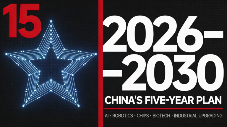 A world-class horizontal 16:9 graphic design poster cover in a Swiss modernist meets constructivist style, designed for a blogpost about China's 15th Five-Year Plan (2026–2030). The composition is split into two strong zones on a near-black charcoal background. On the left third of the image, a large geometric five-pointed star is rendered entirely in fine circuit-board trace lines and modular grid dots — glowing faintly in cool electric blue against the dark field — symbolizing China's state-planned technological ambition. A bold vertical crimson red (#C0001A) block runs as a narrow separator between left and right zones. The right two-thirds of the composition is dominated by oversized ultra-condensed white sans-serif numerals "2026–2030" stacked in massive scale, slightly cropped at the top and bottom edges, creating a typographic monument that fills the vertical space. Beneath the numerals, in tight stacked condensed all-caps white type at medium size: "CHINA'S FIVE-YEAR PLAN". Below that, a thin crimson horizontal rule, then a single row of small label-style uppercase metadata text in light gray: "AI · ROBOTICS · CHIPS · BIOTECH · INDUSTRIAL UPGRADING". In the upper-left corner above the star, the bold cropped numeral "15" in crimson red at large scale anchors the top edge. A subtle halftone grain texture overlays the entire composition giving it a high-end print quality reminiscent of offset or risograph production. The overall palette is deep charcoal, Chinese red, cool white, and electric blue accent. The design feels precise, strategic, and inevitable — a typographic editorial poster of controlled state-scale ambition, visually clean, hierarchically sharp, and immediately legible even at thumbnail size.