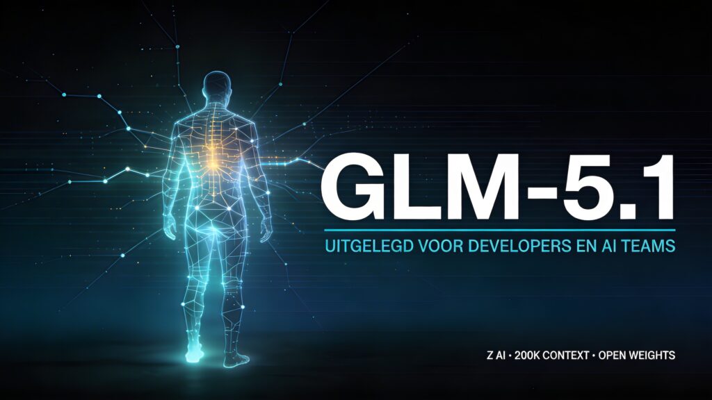 Een wireframe menselijke figuur gloeit in cyaan en amber tegen een donkerblauwe achtergrond met horizontale scanlijnen, naast