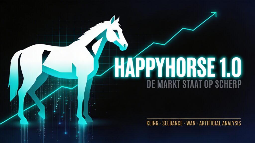 Geometrisch paardensilhouet in wit-teal verloop, met data- en grafieklijnen op een donkere achtergrond, rechts een titel in s