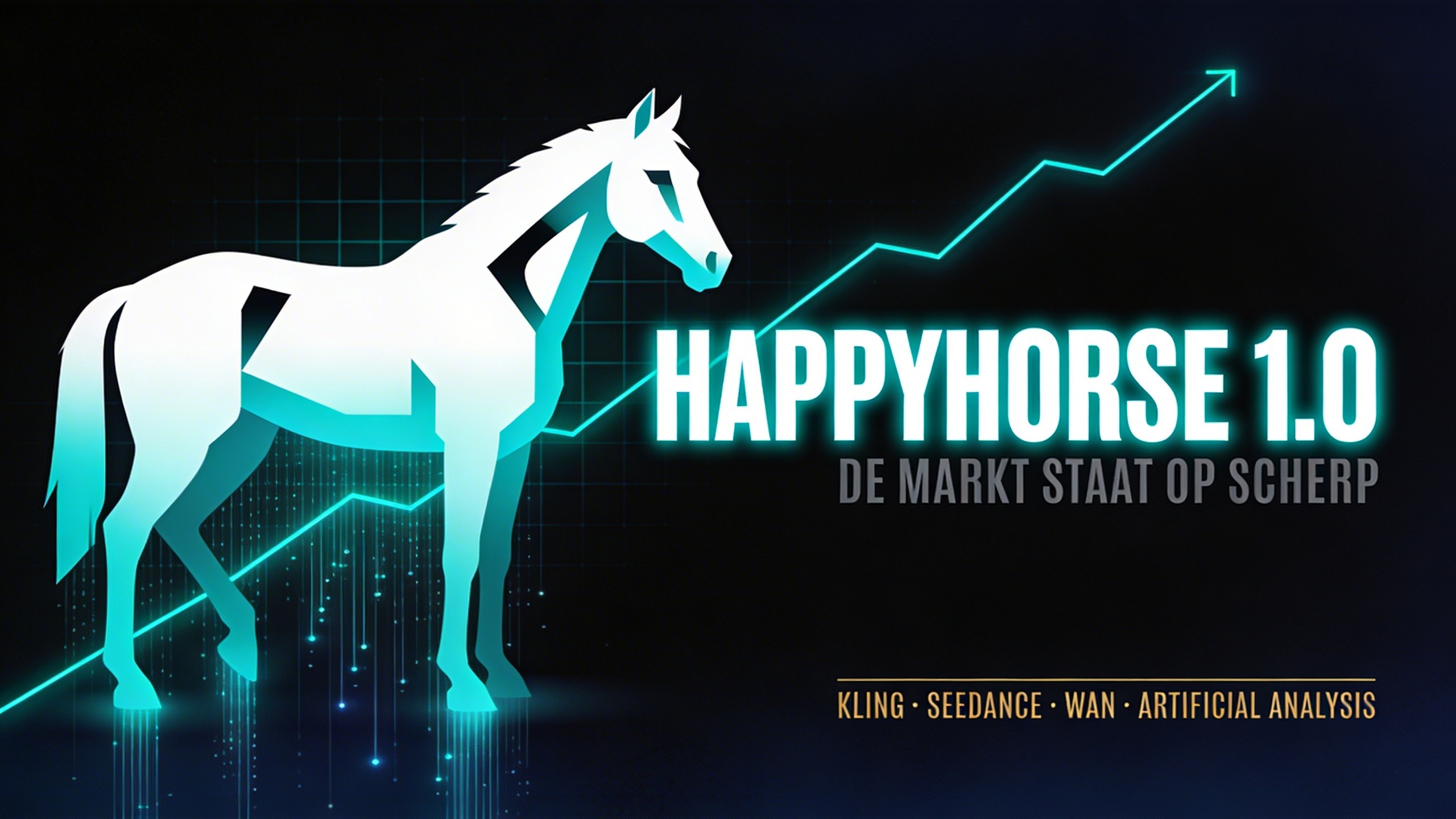 Geometrisch paardensilhouet in wit-teal verloop, met data- en grafieklijnen op een donkere achtergrond, rechts een titel in s