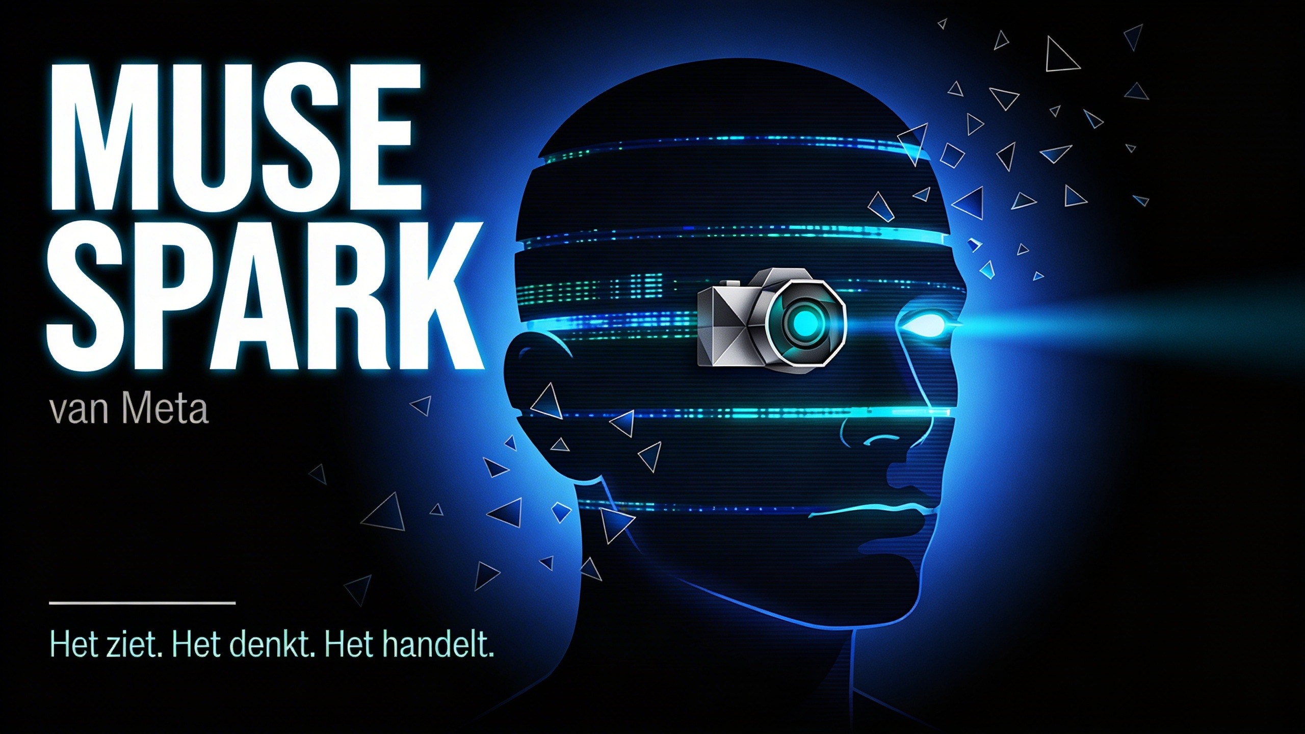 Artistieke weergave van het Muse Spark AI-model als een hoofd met parallelle dataverwerking en visuele analyse.