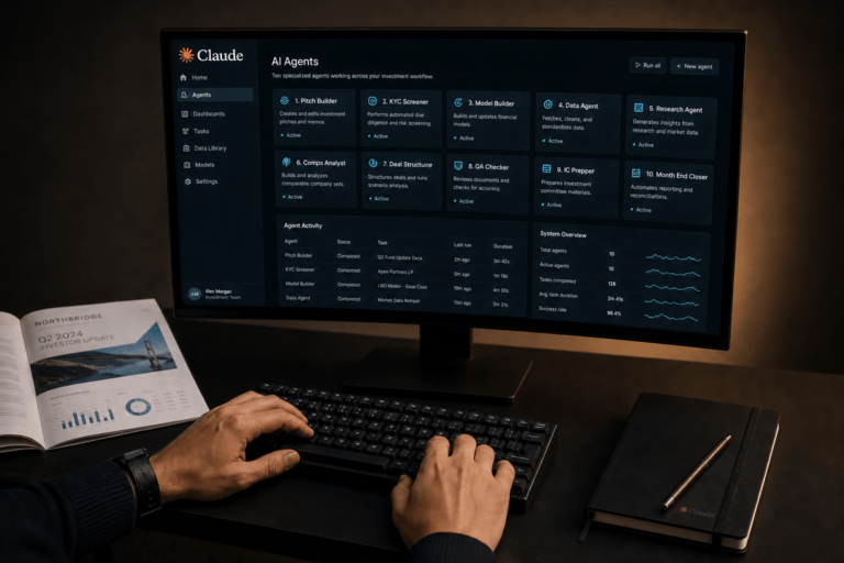 Claude financiële agents helpen teams met pitchbooks, KYC, maandafsluiting, waarderingen en financiële modellen. Dit verandert vooral hoe finance workflows worden ingericht.