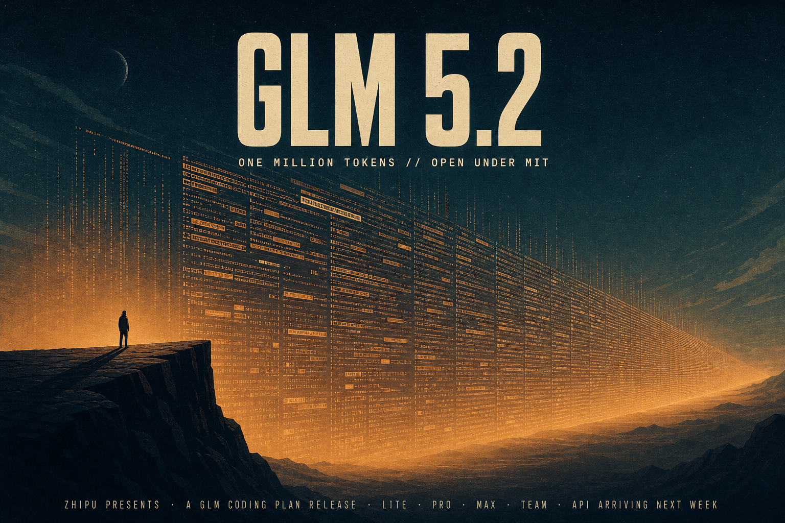 Tiny developer silhouette on cliff facing towering glowing code monolith; 'GLM 5.2' title and 'ONE MILLION TOKENS' subtitle o