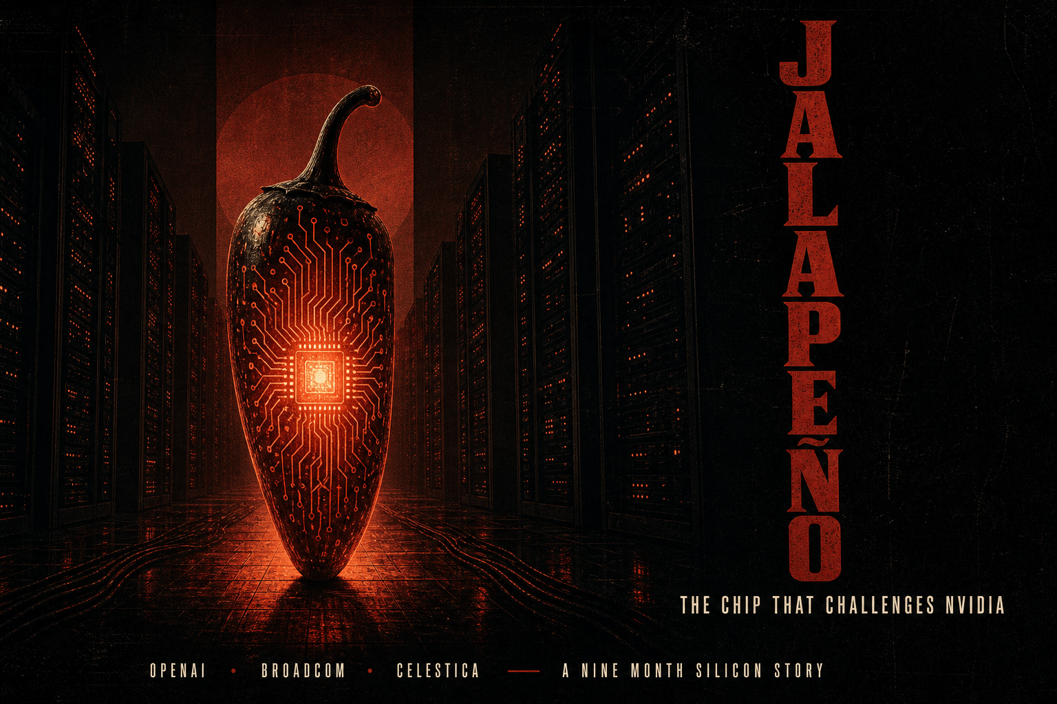 Glowing jalapeño pepper designed as an AI inference chip, etched with circuits, set against dark server racks in cinematic li